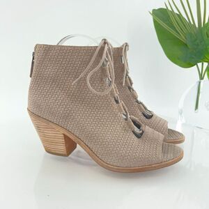 Eileen Fisher Womens Slew Sandal Size 8.5 Lace Up Bootie Tan Suede Open Toe Heel